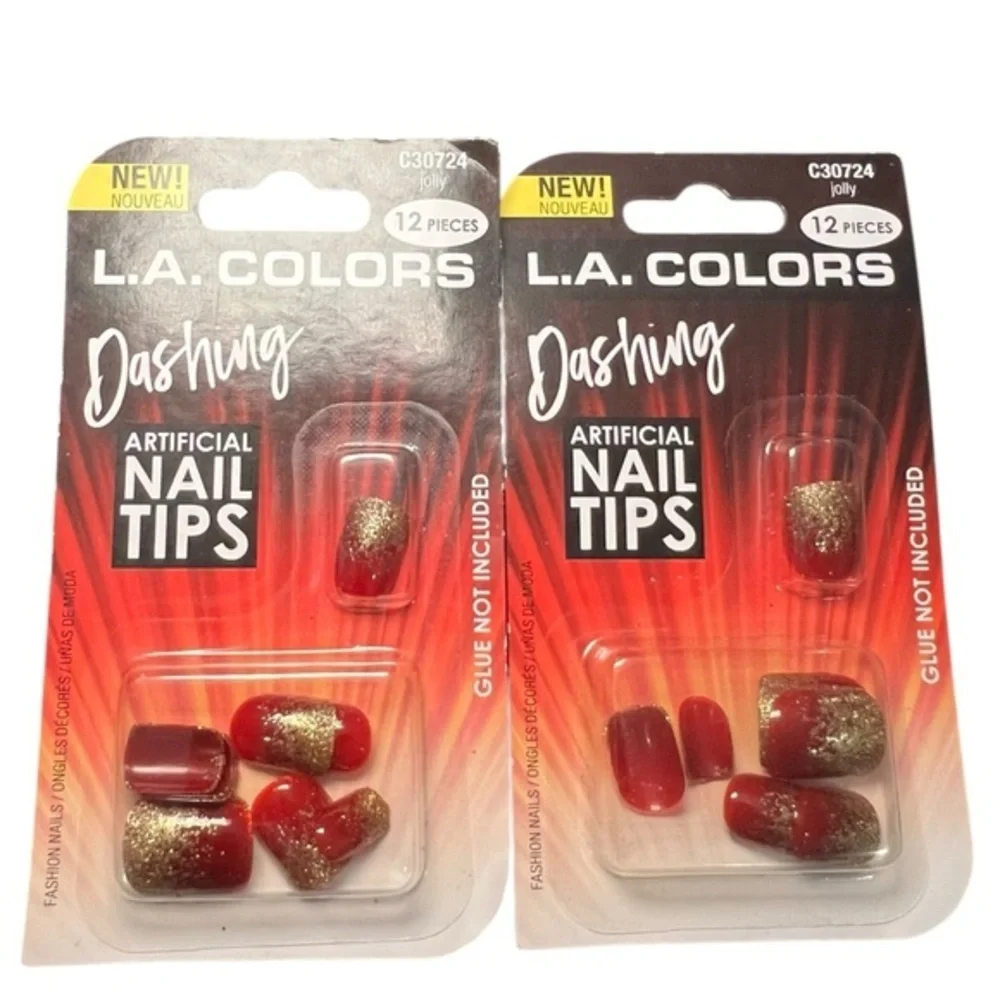 NEW L.A. COLORS ARTIFICIAL NAIL TIPS - 2 Sets Of 12 pcs each‎ JOLLY Red and Gold
